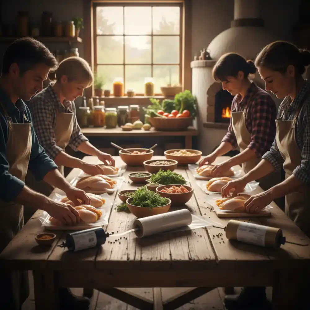 Farmers preparing packaged chicken products on a rustic table