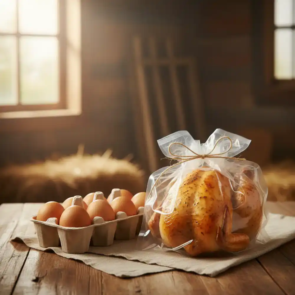 Farm fresh eggs and chicken securely packaged