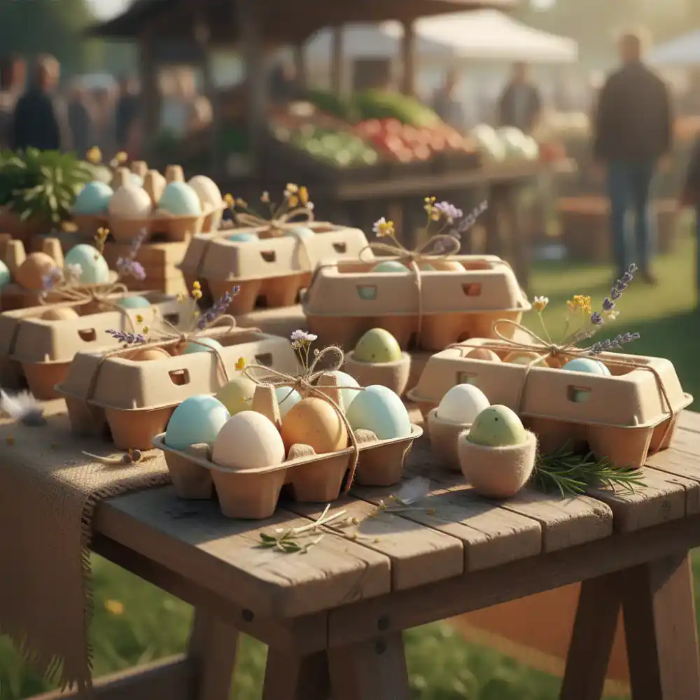 Beautifully packaged farm eggs in kraft cartons on a rustic market table