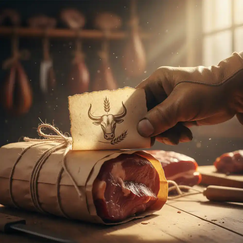 Close up of artisan labels being applied to packaged meat