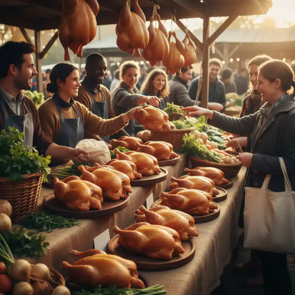 A busy local farmers market stall selling whole chickens