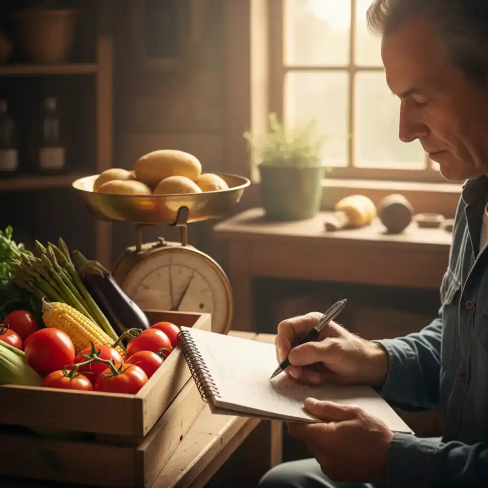 A farmer calculating prices on a notepad next to farm products