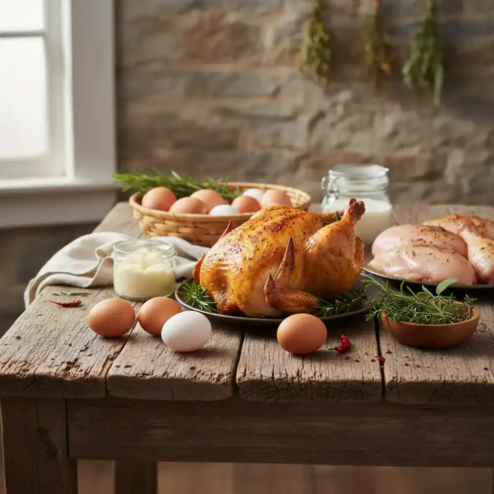 Rustic wooden table displaying farm fresh poultry goods