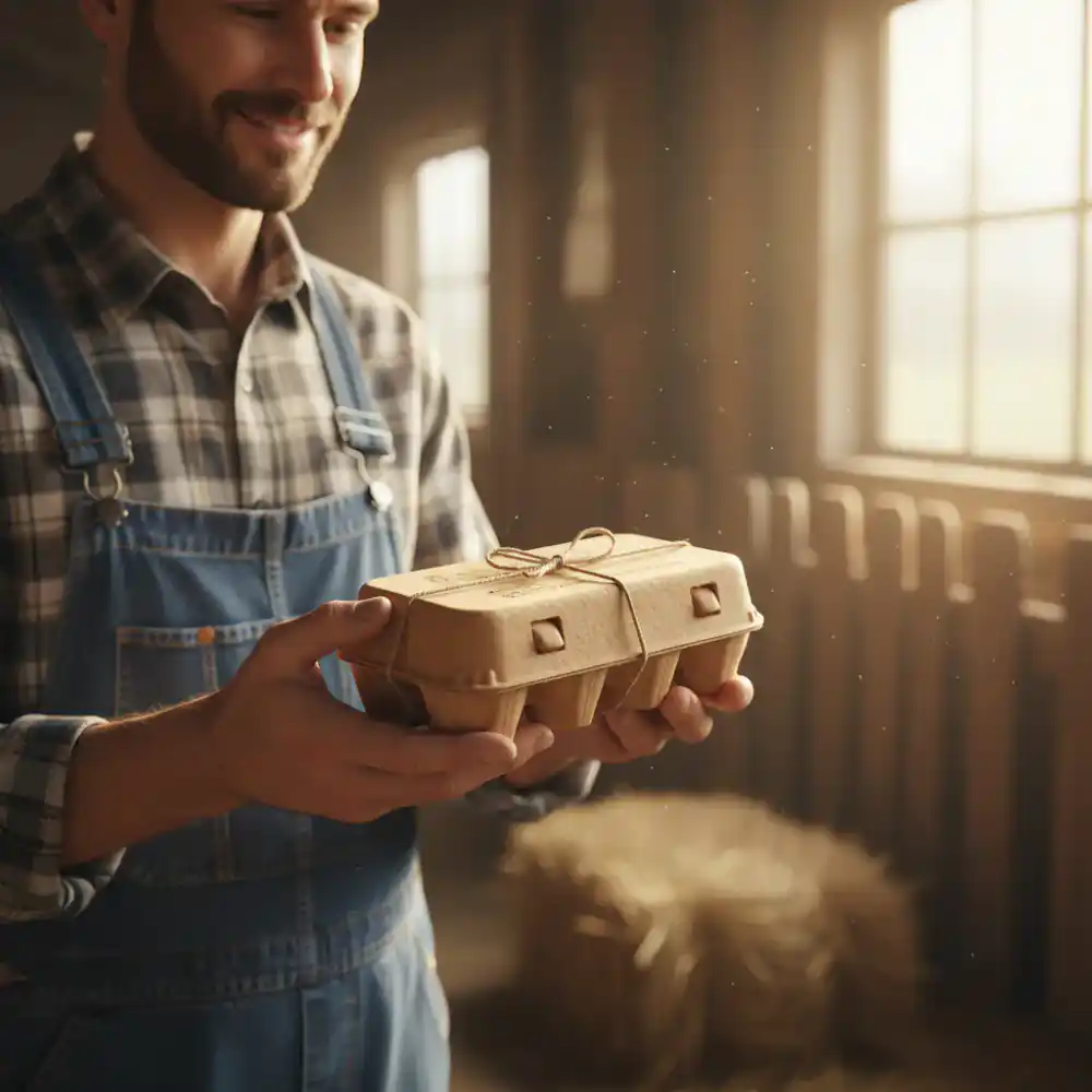 Farmer holding a premium kraft packaged carton of fresh eggs