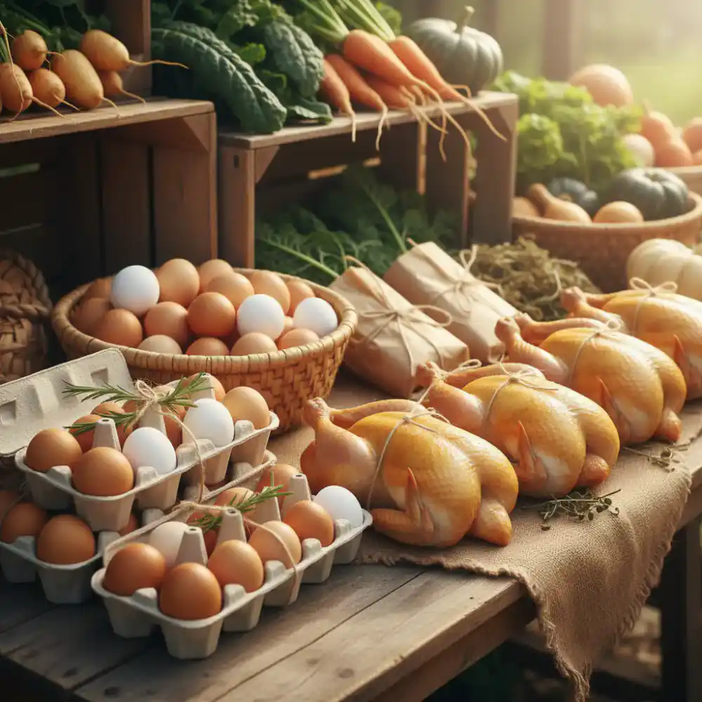 Beautifully packaged farm eggs and whole chickens on a rustic farmers market stall
