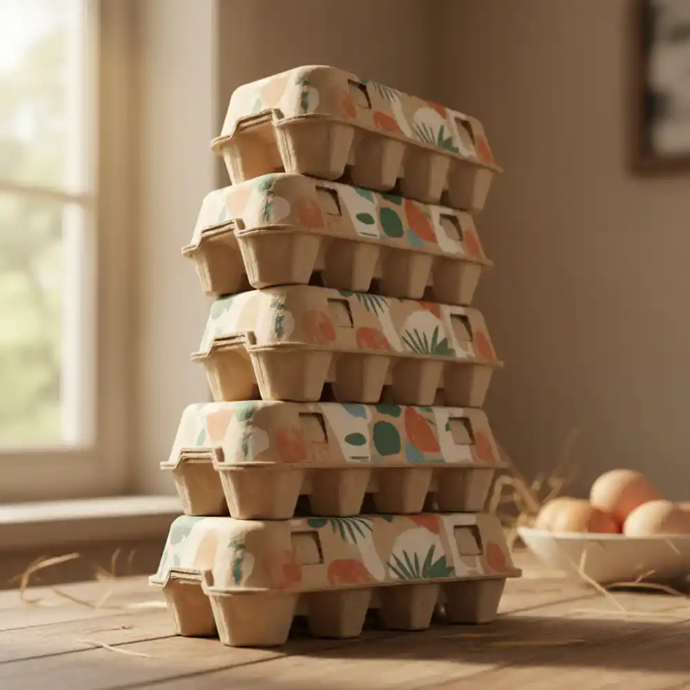 Stack of beautifully branded kraft egg cartons