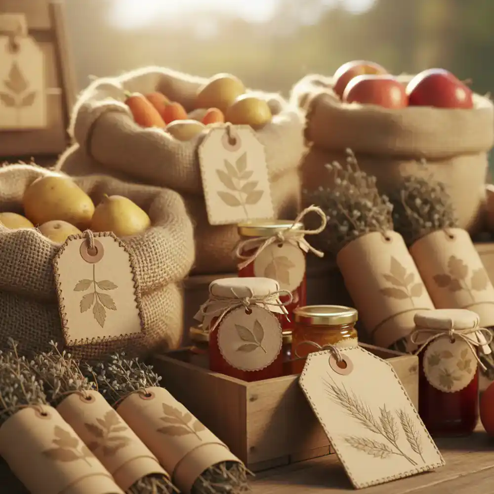 Close up of artisan labels on farm goods