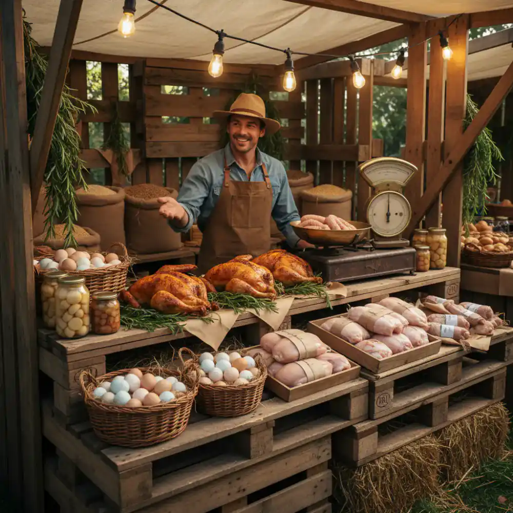 Rustic farmers market stall displaying chicken products